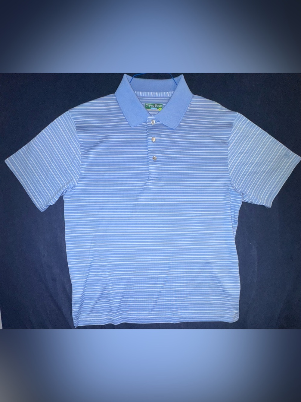 Men's Large Pro Tour Light Blue Striped Polo Golf Shirt